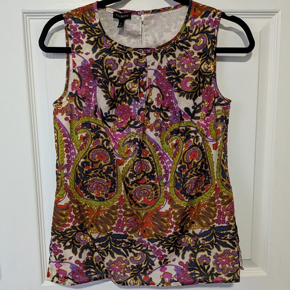 Talbots Size 2 Paisley Sleeveless Blouse Lined Cotton Pleated Round Neck Top